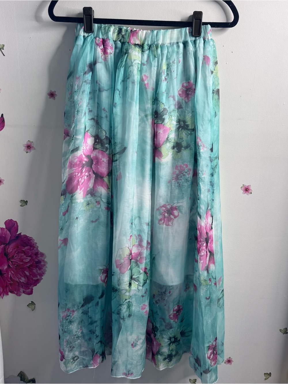 Source Unknown Aqua Floral Maxi Skirt with Pink Blossoms